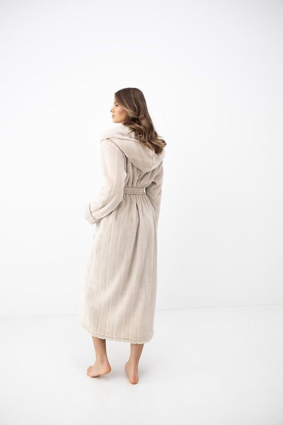 Sensis Evora Damen Bademantel lang mit Kapuze weich beige gestreift