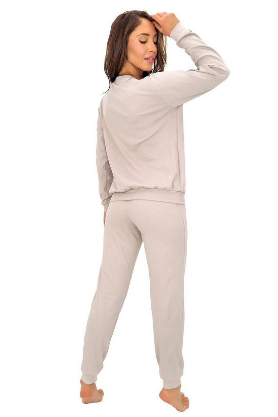 Damen-Pyjama Donna Home Long aus Baumwolle, Rippenstruktur, langärmlig mit Hose, Beige