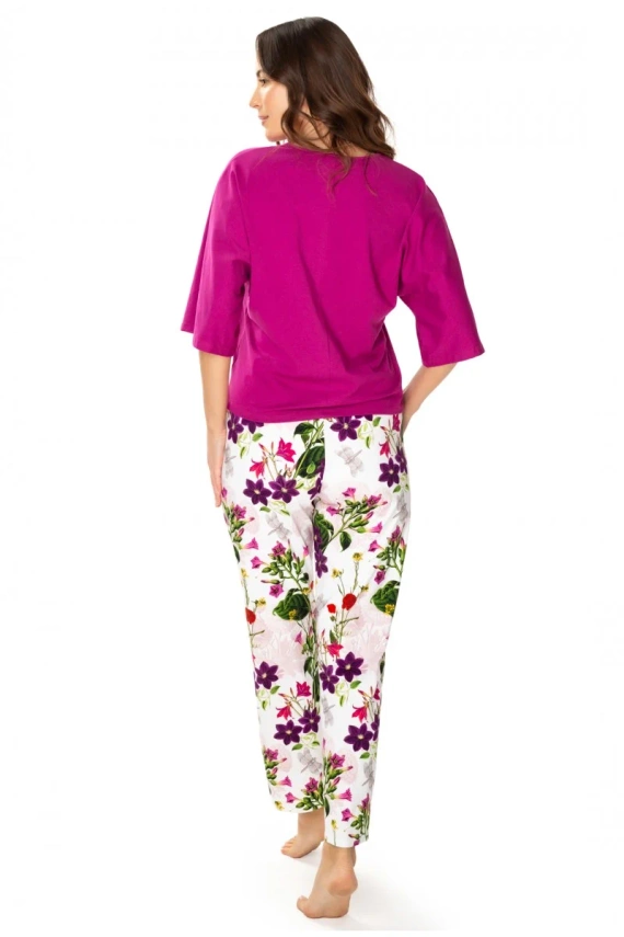 86668 Nataly Damenpyjama Möwe dunkelrosa Blumen