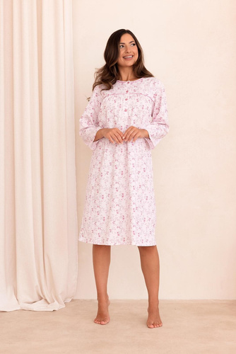 Nachthemd Regina 022 100% Baumwolle 7/8-Arm Pflanzenmuster - rosa