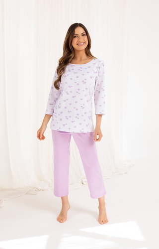 720 Regina Damenpyjama lila – Baumwolle, 3/4 Ärmel, 7/8 Hose