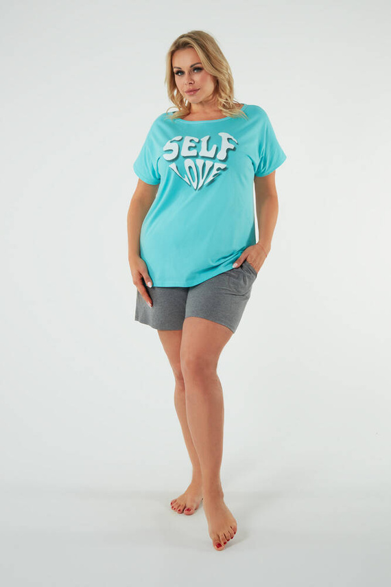 Selfie Damen Kurzarm-Pyjama, Shorts Italian Fashion - türkis/melange