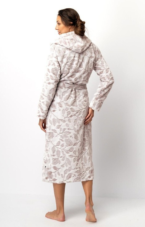 LGL 545 Key Damen-Bademantel Ecru-Mocca – weich, mit Kapuze, in der Taille gebunden