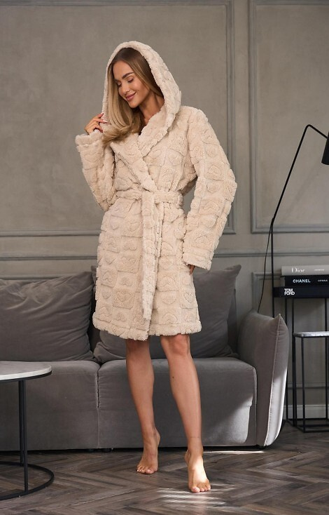 2553 Valentina L&L kurzer Damen-Bademantel mit Kapuze und Taschen – Angora