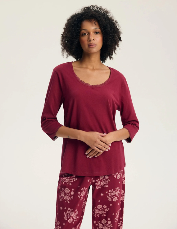 Henderson Greta 45423 Damen-Pyjama 100% Baumwolle 3/4-Arm Spitze carmine