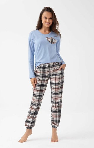 322 Luna blau – Damen-Pyjama aus Baumwolle, Herzen, lange Ärmel, karierte Hose