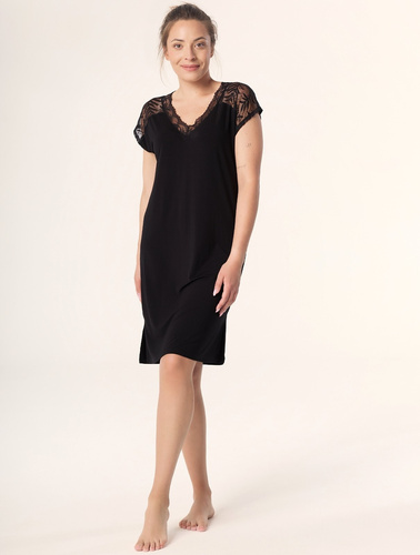 Petra KB59 Mefemi Nipplex Nachthemd, Schwarz – Viskose, Spitze, kurze Ärmel, über dem Knie