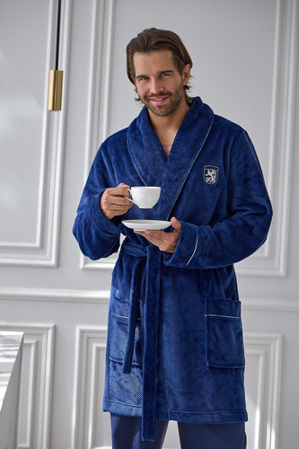 L&L Elegant 2664 Herren Bademantel kurz, weich, Waffelstruktur mit Kragen, navy