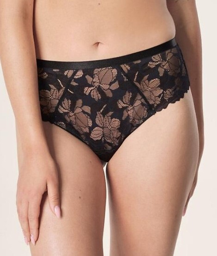 Brasilianischer Slip von Hanna Mefemi – hoch, Spitze, mit beigem Netzstoff