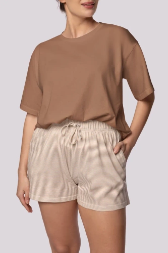 Gestreifter Kurzarm-Damenpyjama Mona Karamell