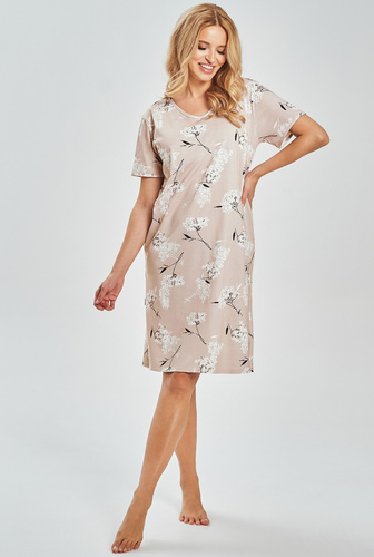 Damen Nachthemd 3538 Fiora Taro – 100% Baumwolle, Pflanzenprint, knielang | Leichtes Sommer-Nachthemd