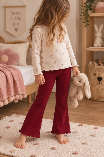 Mamatti LJ820 Mädchen Leggings in Bordeaux, gerippte Baumwoll-Flared Pants