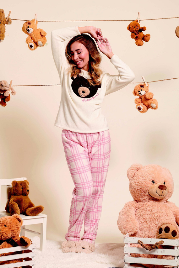 Madlen Piżama damska Sorbetto ecru – polarowa, z haftem misia i spodniami w kratkę