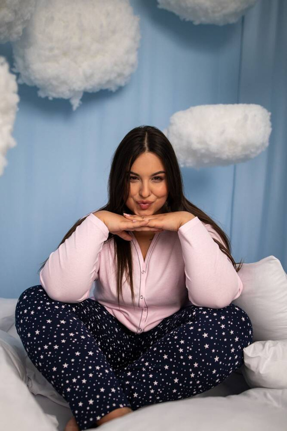 Libra Damen Schlafanzug langarm und Hose Italian Fashion - rosa/print 