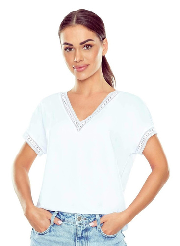 Elegante Damenbluse Flaviana | V-Ausschnitt, Zierband in Lochspitze, elastische Viskose | Lockerer Casual-Schnitt