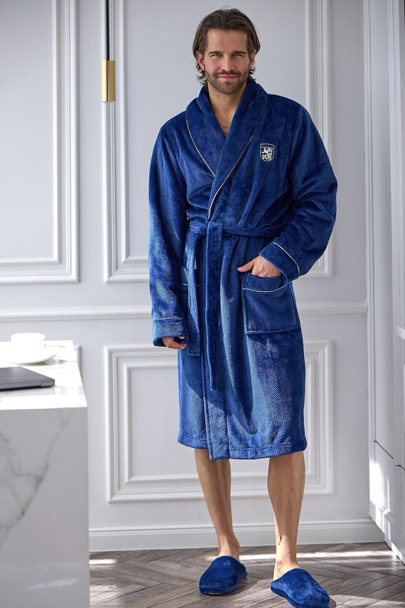 L&L 2661 Eleganter Herrenbademantel Klassischer Kimono-Kragen Weich Navy