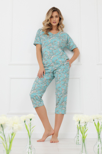 Hikari Damen Pyjama 100% Baumwolle 3/4
