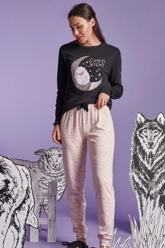 Shearly Piżama damska Sorbetto czarna – 100% bawełna, aplikacja 3D, spodnie z ściągaczami