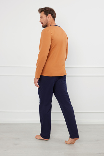 Julius Herren Schlafanzug langarm, lange Hose Italienische Mode - cognac/grün 