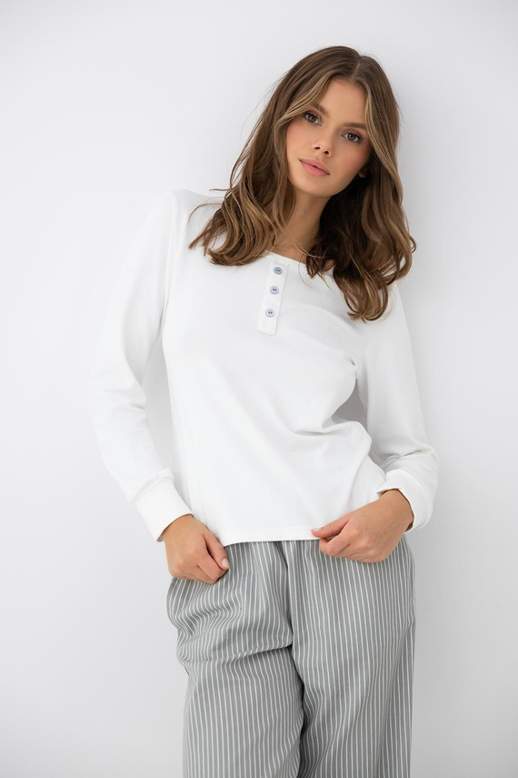 Sensis Salma Damen-Pyjama ecru-grau mit langem Arm und gestreiften Hosen