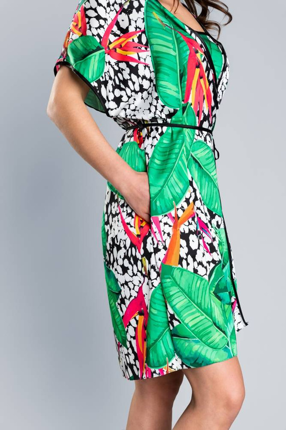 DORITA Damen Satin Bademantel Italienische Mode- print/grün