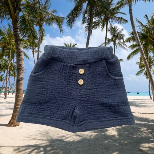 SZ55305 Mamatti marineblaue Musselin-Shorts mit Taschen und Knöpfen für den Sommer