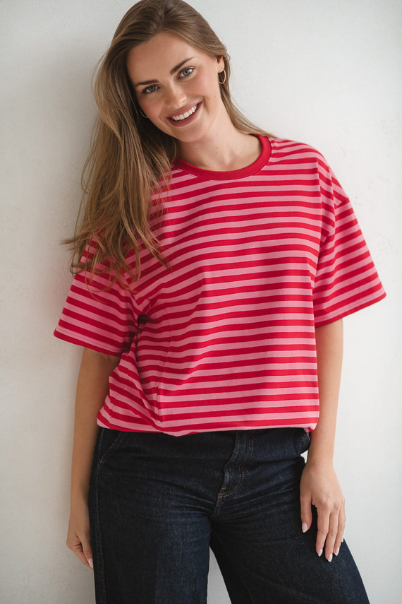 Mamahood Milk&Love Schwangerschafts- und Still-T-Shirt, rot-rosa gestreift – bequem und stilvoll