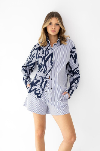 Damen Pyjama Hallie Baumwolle Streifen Knöpfe Langarm bequem