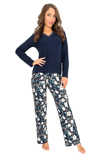 Donna Irene Long Damenpyjama aus Viskose in Dunkelblau mit Spitze und Blumenmuster