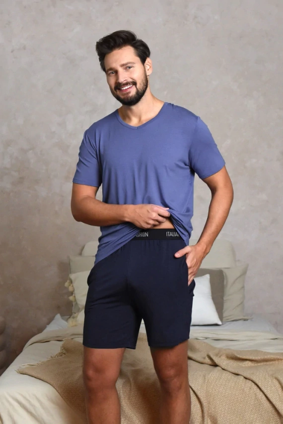 Dallas Herren Kurzarm-Pyjamas, Shorts Italian Fashion- blau