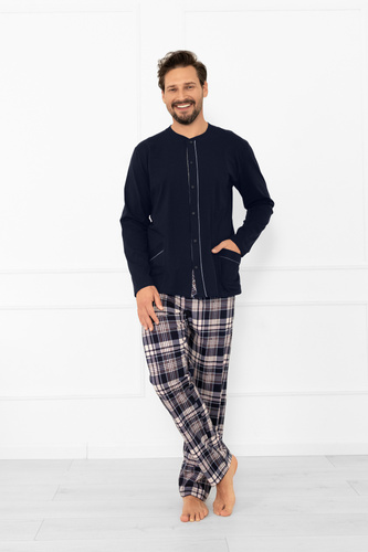 Herrenschlafanzug Sambor - Baumwolle, Oberteil mit Knopfleiste und Karohose Italian Fashion - navy blue/print
