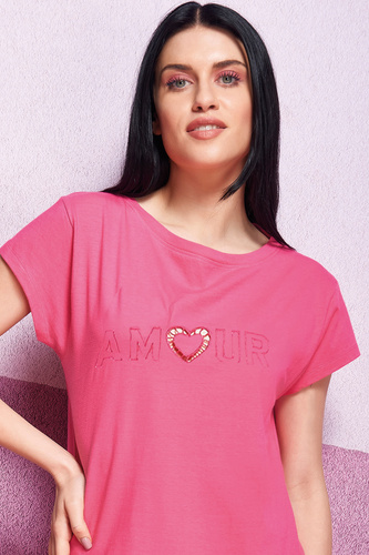 Oxksana Koszula nocna różowa – 100% bawełna, haftowane serce, koronka i falbanka