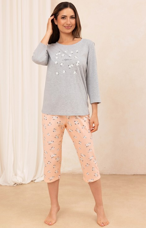 707 Regina Pyjama, leichte Melange-Baumwolle – Damen, 3/4-Ärmel, Blumenmuster