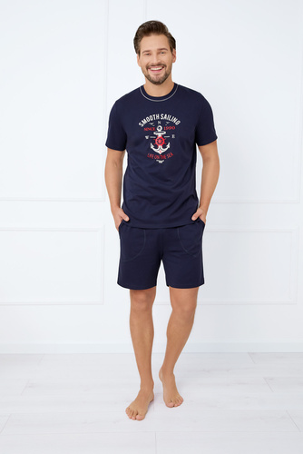Port Herren Kurzarm-Pyjama, Shorts Italian Fashion - marineblau 