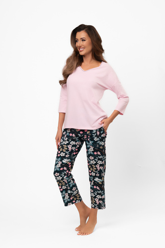 Damen Baumwollpyjama Marisal - 3/4 Bluse, 7/8 Hose Italian Fashion  