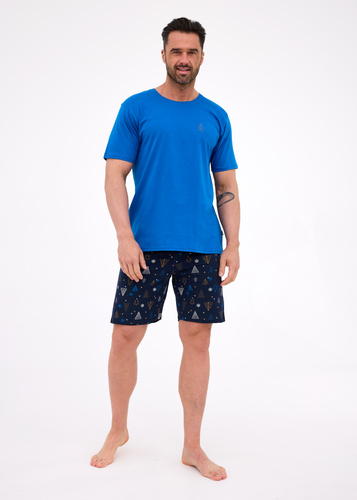 326/298 Night 3 Cornette Herrenpyjama – Weihnachtsbaumwolle, blaue Bluse und Hose mit Weihnachtsbäumen