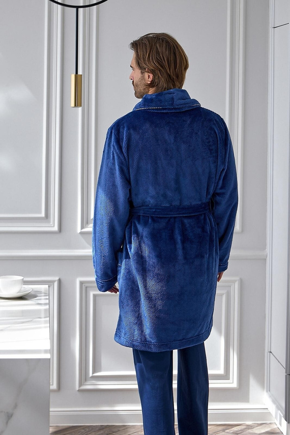 L&L Elegant 2664 Herren Bademantel kurz, weich, Waffelstruktur mit Kragen, navy