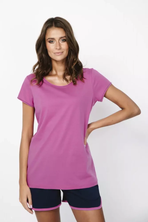 Ontega Damen Kurzarm-Pyjamas, Shorts Italian Fashion- amaranth/ dunkelblau