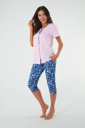Damen Schlafanzug kurzarm, 3/4 Hose Italienische Mode rosa/print