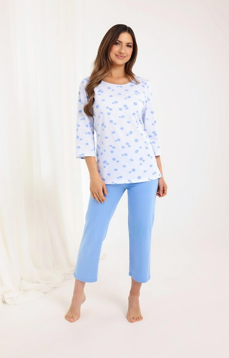 720 Regina Damenpyjama, blau – Baumwolle, 3/4 Ärmel, 7/8 Hose