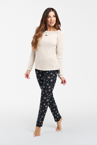 Denali Damen Schlafanzug langarm, lange Hose Italian Fashion- beige melange/print