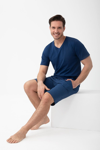 Herren Baumwollpyjama Luna 1602 mit V-Ausschnitt und kurzen Shorts