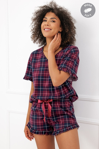 Italian Fashion Brenda Damen-Pyjama Mega Soft kariert, Shorts mit Rüschen