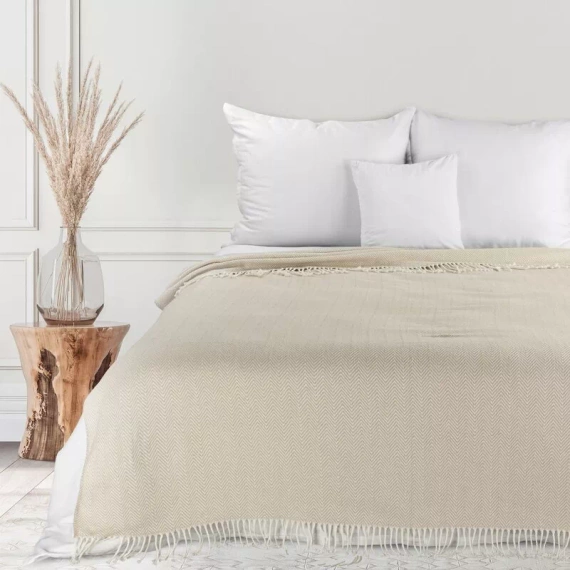 Plaid 7 Decke Tagesdecke mit Fransen Eurocurtains Beige