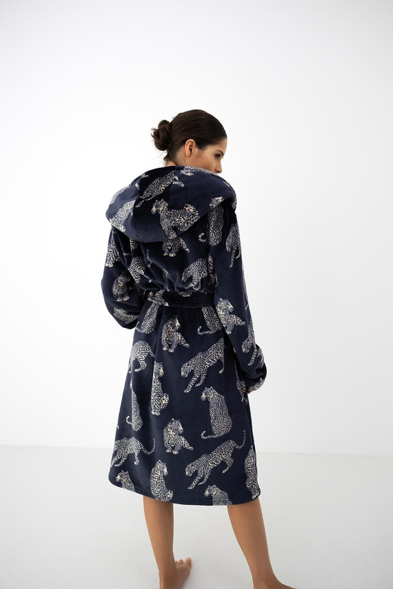 Damenbademantel Sensis Vespera lang mit Kapuze in Marineblau mit Animalprint