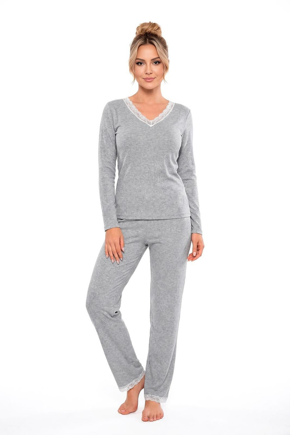 Donna Megi Long graue Damen-Pyjama mit langem Arm und Hose, Spitze