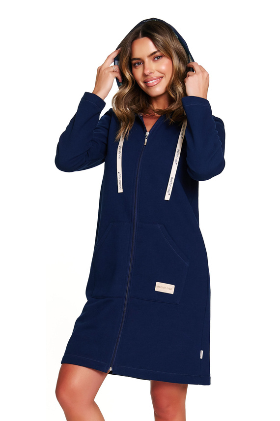 Doctor Nap 7364 – Damen-Bademantel aus Baumwolle mit Reißverschluss und Kapuze | 100 % Baumwolle, polnische Produktion – Marineblau