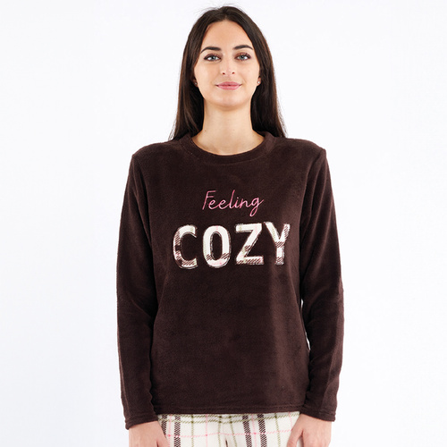 Brauner Pyjama von Liliana Sorbetto – warmes, kariertes Fleece mit Stickerei