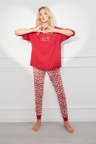 Evora Damen Schlafanzug langarm, lange Hose Italian Fashion - rot/print