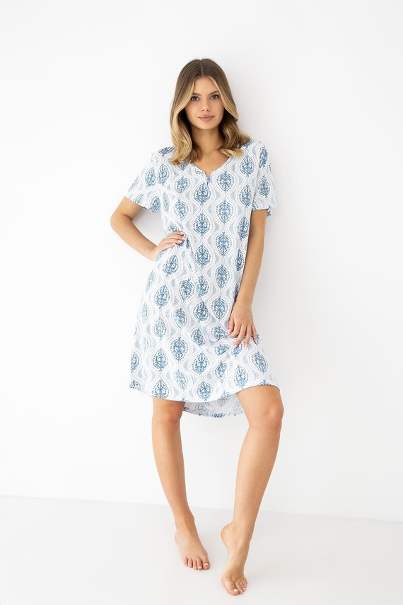 Jazmin Sensi Nachthemd Viskose V-Ausschnitt weiß-blau